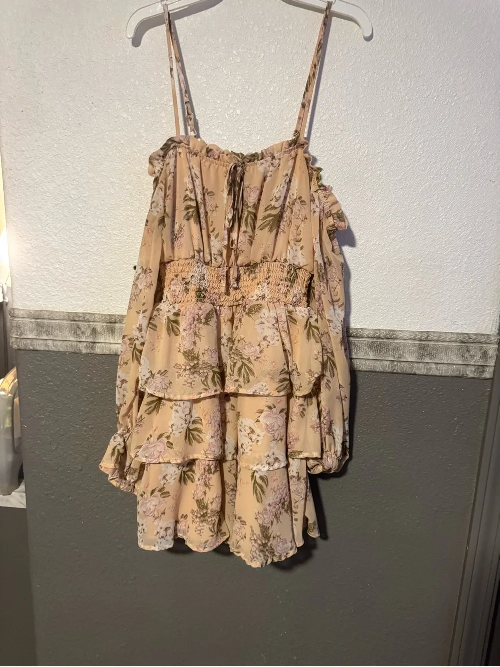 Justify Blush Floral Off-Shoulder Tiered Dress